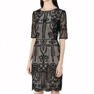 Reiss Zola Lace Overlay Scallop Edge Deep V Back Shift Dress Black Size S/8